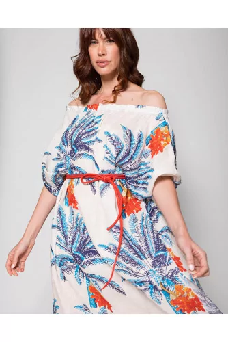 Linen dress with elastic neckline and palm print