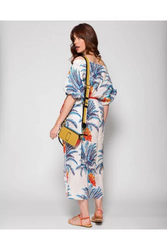Linen dress with elastic neckline and palm print