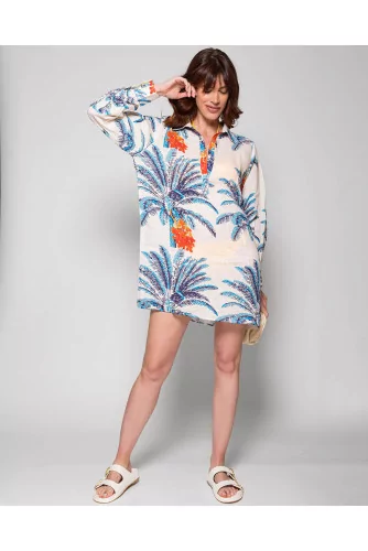 Linen beach tunic shirt with palm print