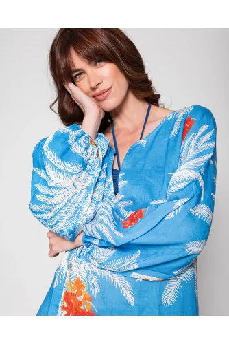 San Marco - Kaftan linen with V neckline and palm print