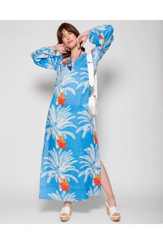 San Marco - Kaftan linen with V neckline and palm print