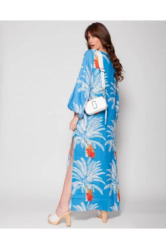 San Marco - Kaftan linen with V neckline and palm print