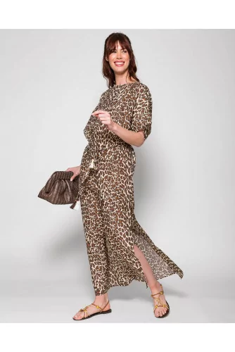 Long dress in leopard printed cotton veil