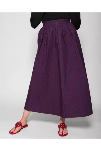 Poplin cotton flounced skirt with stripes
