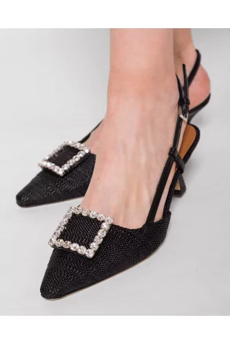 Nappa leather and raffia slingback shoes with rhinestone buckles 55