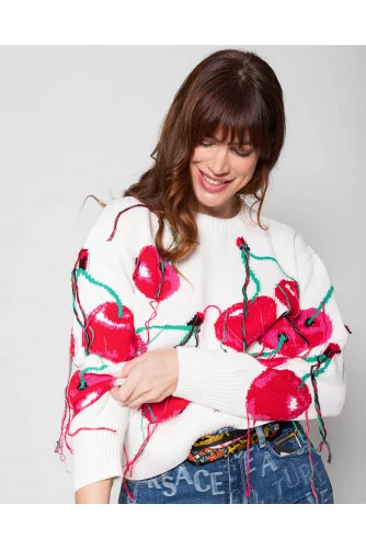 Jacquard knit and cotton sweater with cherry print