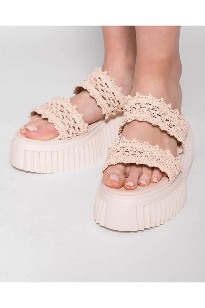 AGL - Mules en cuir nappa crocheté avec semelles compensées 70 37 nude