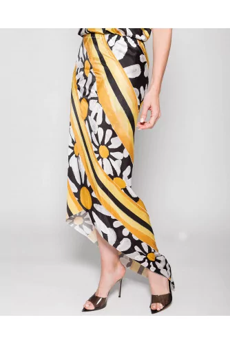 Achat Asymmetrical viscose andjersey skirt with printed stripes and flowers - Jacques-loup