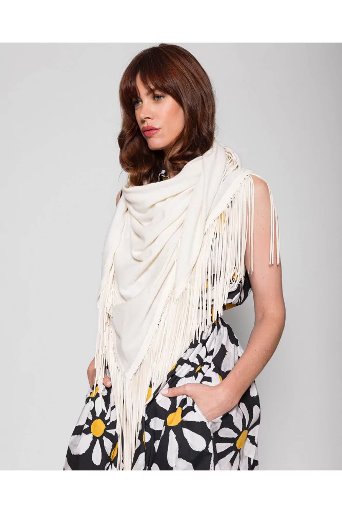 Triangular suede and cashmere scarf with fringes