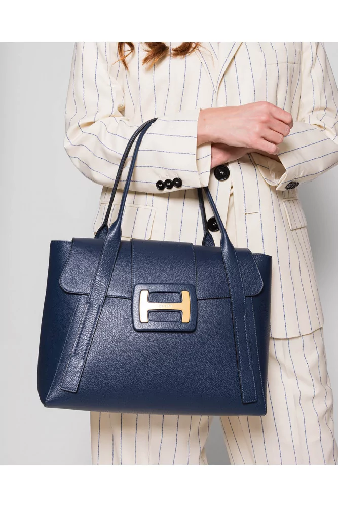 Hogan - Sac cabas en cuir grainé avec logo H aimanté - bleu