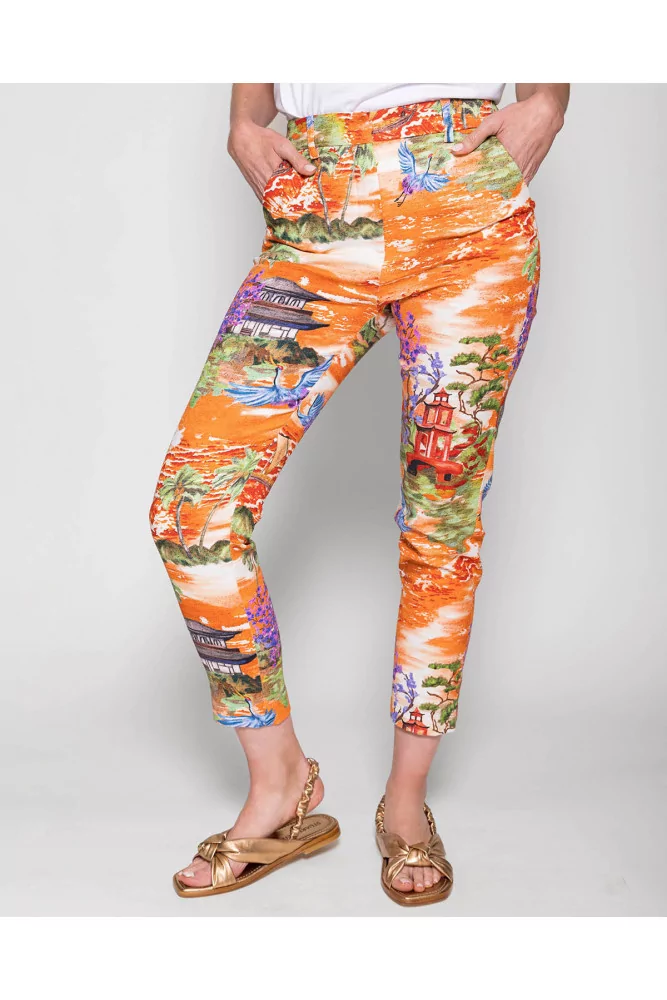 Stella Jean - Pantalon slim fit en coton toile avec imprimé chinois 46 Orange
