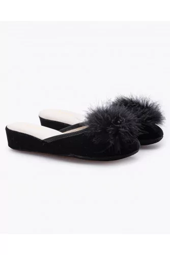 Marguerite - Velvet indoor mules with feathers 35