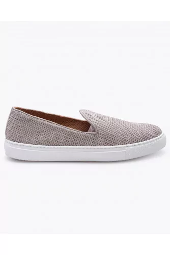 Woven leather and suede slip-ons