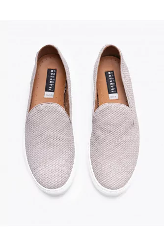 Woven leather and suede slip-ons