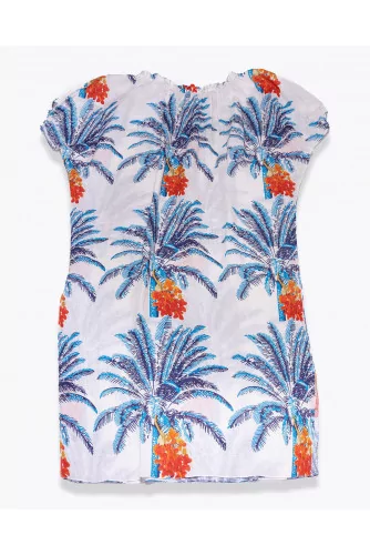 San Gregorio - Linen dress with elastic neckline and palm print