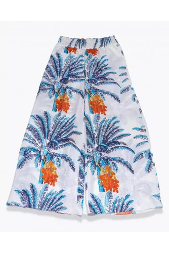 San Cipriano - Wide silk and cotton trousers with palm print