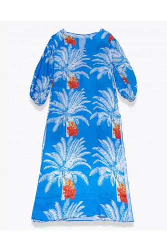 Kaftan Juan De Dios Lin Turquoise Orange Blanc imprimé Palmiers