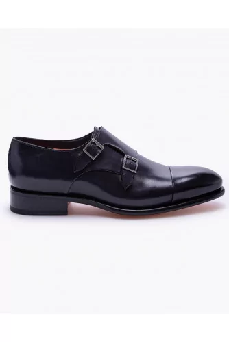 Patent leather derby shoes with 2 buckles