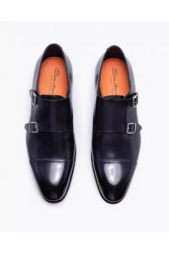 Patent leather derby shoes with 2 buckles