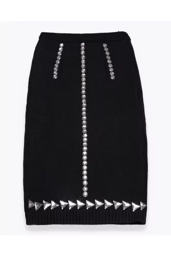 Mesh cotton pencil skirt decorated with rhinestones