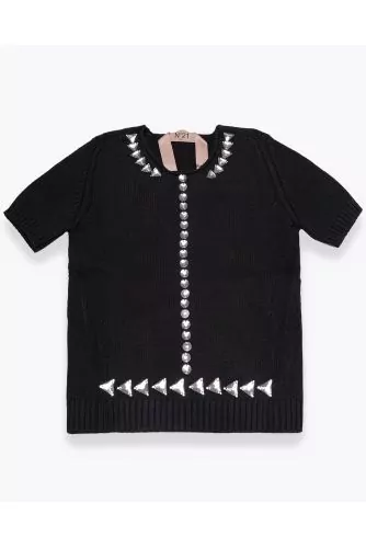 Mesh cotton T-shirt decorated with rhinestones