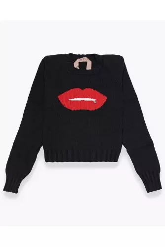 Mesh cotton jumper with mouth design and epaulettes