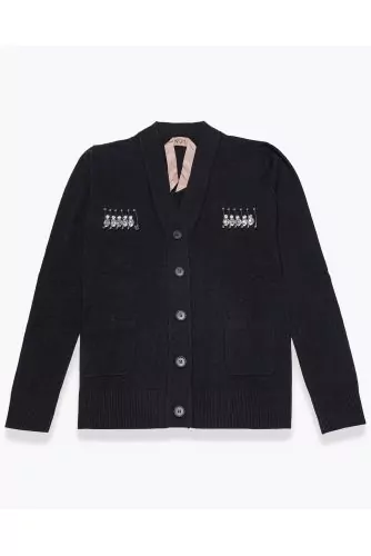 Wool cardigan with rhinestone pockets and pins