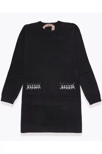 Wool dress with flat rhinestone decorated pockets and safety pins