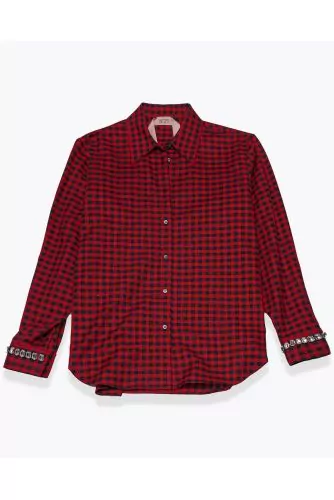 Long-sleeved flannel cotton shirt with square print and rhinestones LS