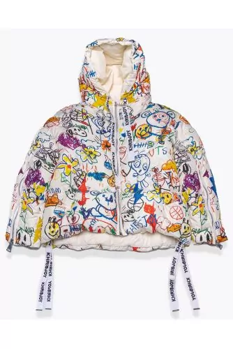 Hooded puffy jacket with graffitis print LS