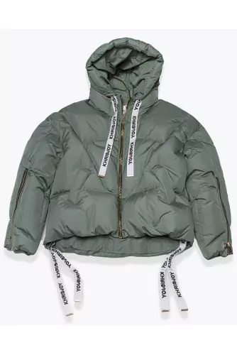 Hooded puffy jacket made of nylon and goose down