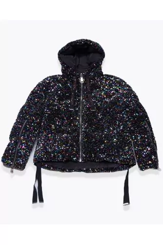 Velvet and goose down puffy jacket with sequins