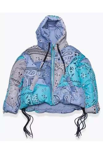 Oversized puffy jacket with hoodie and patchwork design LS