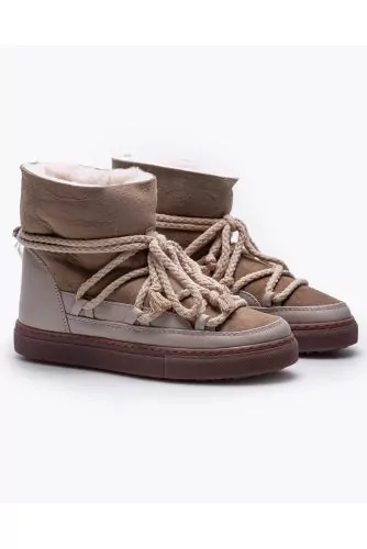 Fured flat leather boots, with laces