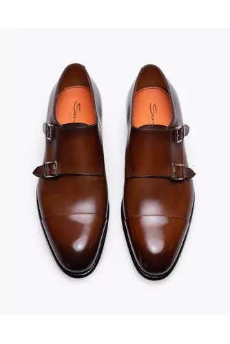 Patent leather derby shoes with 2 buckles