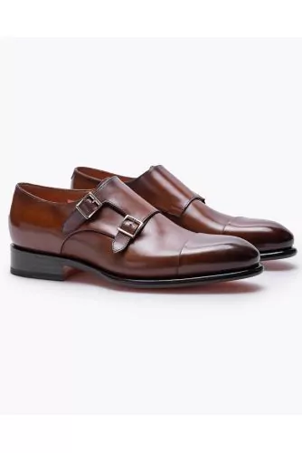 Patent leather derby shoes with 2 buckles