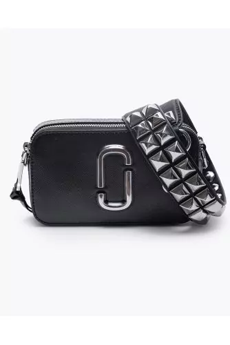 Marc Jacobs - Snapshot Studs - Black leather bag printed canvas with wide  and studded shoulder strap, for women