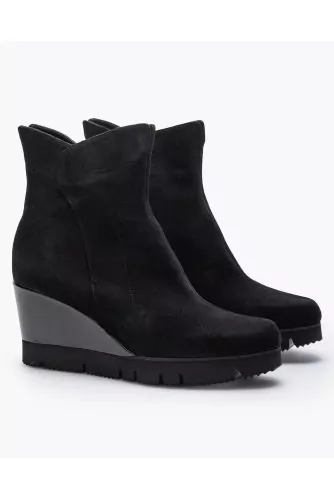 Bottines en veau-velours et cuir nappa avec talon compensé 60