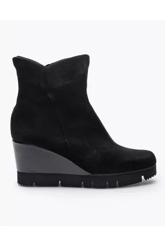 Bottines en veau-velours et cuir nappa avec talon compensé 60