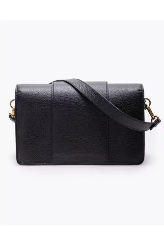 Grained leather handbag with magnetic buckle flap