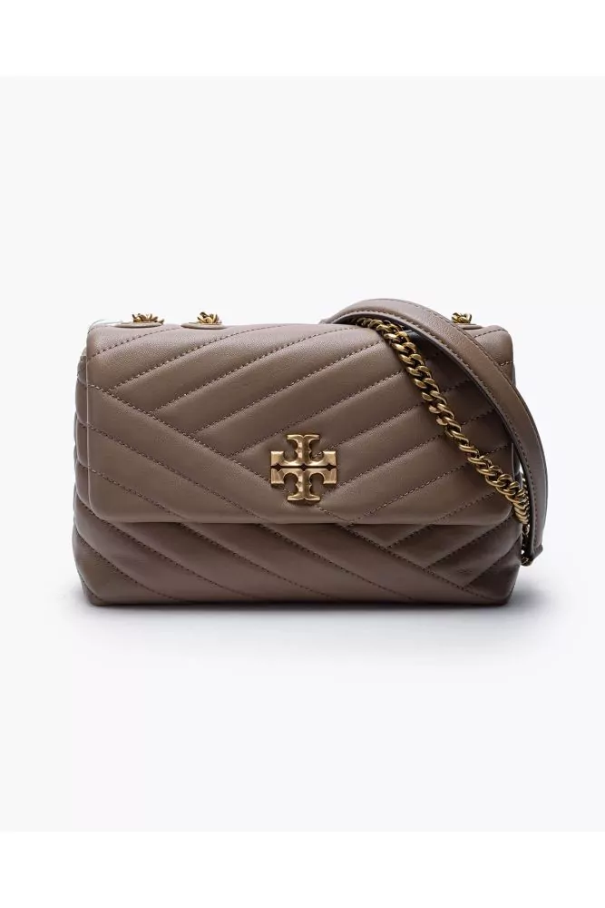 Tory Burch Kira Small Dark beige quilted bag in patinated leather with chain and logo in old gold metal for women