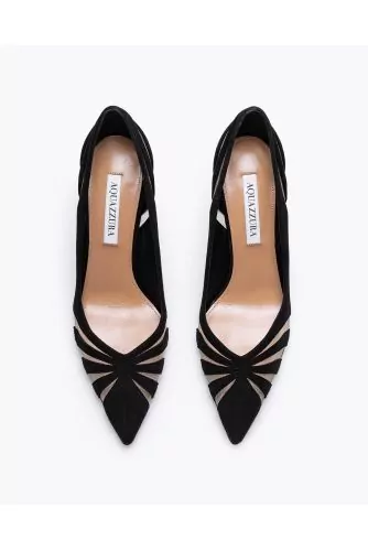 Suede high-heeled shoes with tulle cut-outs and tie-ups 75