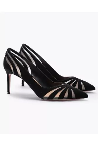 Suede high-heeled shoes with tulle cut-outs and tie-ups 75