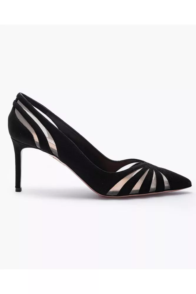Suede high-heeled shoes with tulle cut-outs and tie-ups 75