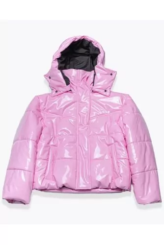 Lacquered fleece puffy jacket with hood