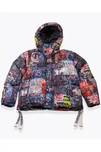 Nylon puffy jacket with graffiti print