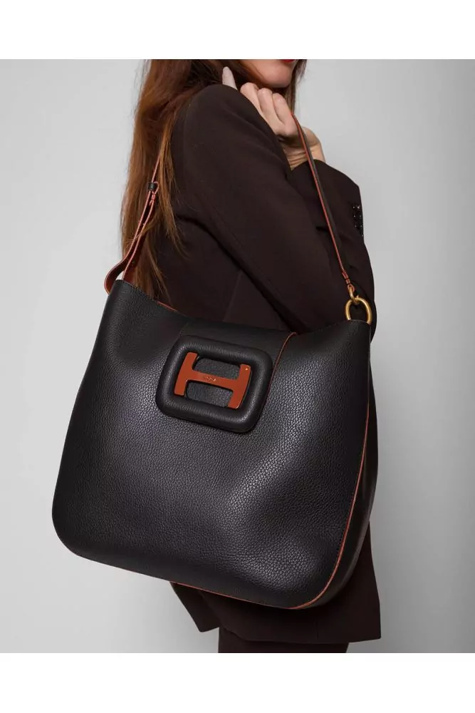Hogan - Hobo - Black grained leather bag with rust-colored H logo