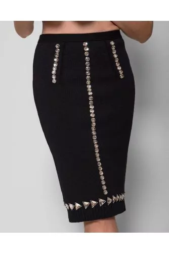 Mesh cotton pencil skirt decorated with rhinestones