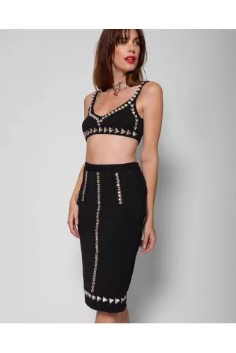 Mesh cotton pencil skirt decorated with rhinestones