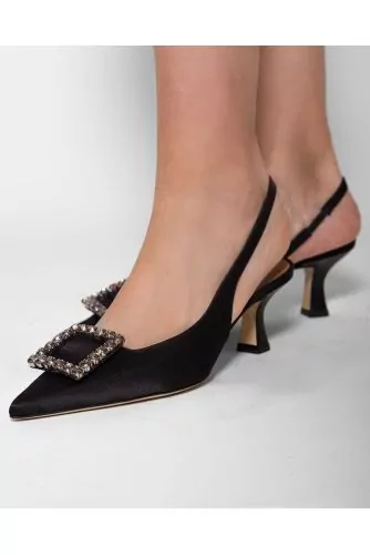 Leather and satin cut shoes with rhinestones buckle 55